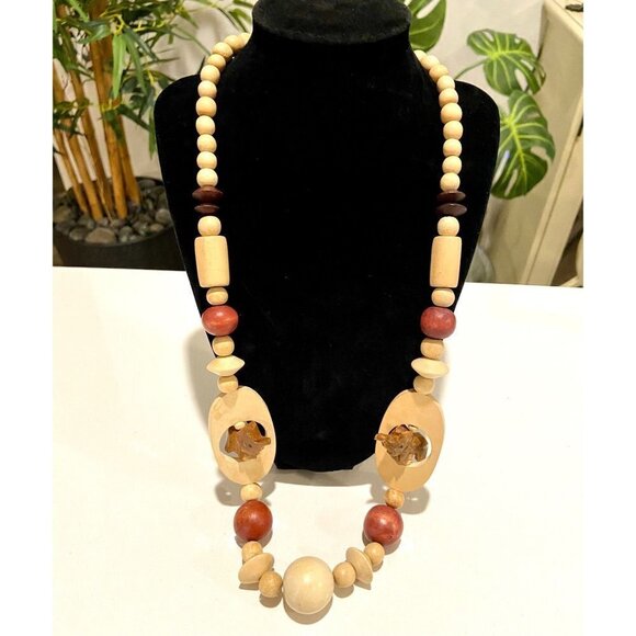 Colorful Wooden Bead & Carved Elephant 30” Statement Necklace w Barrel Clasp - Picture 1 of 5